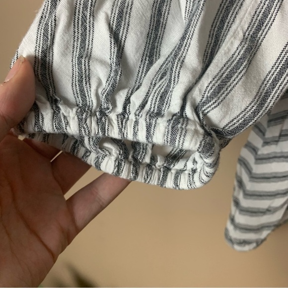 Women's Preppy Casual White & Gray Striped Button Down Tie 3/4 Sleeve Top - Picture 4 of 9